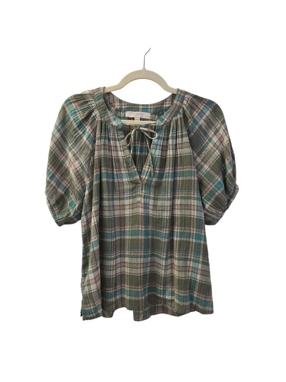 Loft Lightweight Plaid Popover Peasant Top Size Small Petite